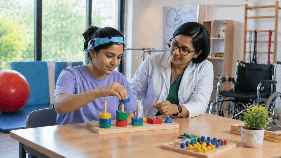 Therapist helping a young person stack colorful wooden blocks during a therapy session in a bright room with a wheelchair in the background.